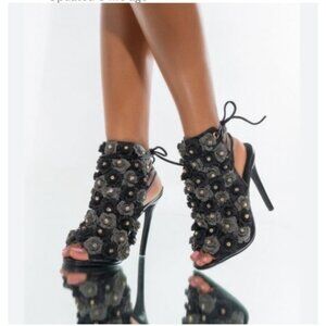 Viga Fiore Heels Size 7 Stilettos Black & Grey Flower Rhinestone 4.75" Height